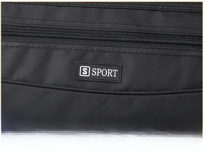 Detailed view of the S SPORT embroidered logo on a waterproof nylon travel bag texture