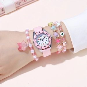 Pink quartz watch with silicone strap and three matching beaded star bracelets for girls