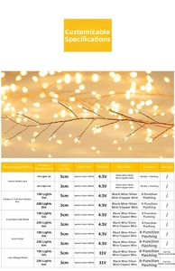 Detail of warm white LED copper wire fairy lights with technical specification table
