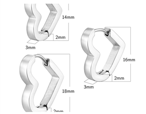 Tableau des tailles pour créoles cœur en 14mm, 16mm et 18mm avec mesures détaillées