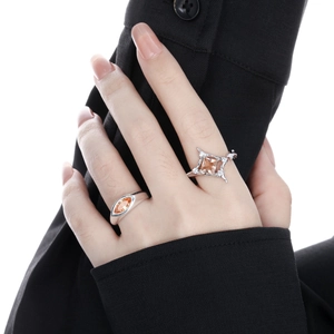 Square star orange gemstone ring in S925 sterling silver for women on a white background