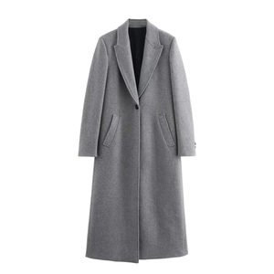 Elegant grey long-sleeved wool coat with single-breasted lapel design for women