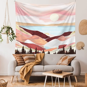 Detail of mountain landscape tapestry featuring abstract sunset hues and pine tree silhouettes