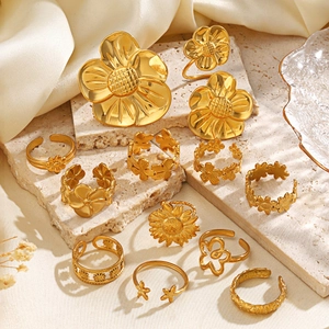 18K gold plated stainless steel daisy flower open ring set for women chic jewelry