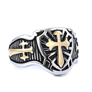 Vintage punk style stainless steel cross ring in two-tone silver and gold finish