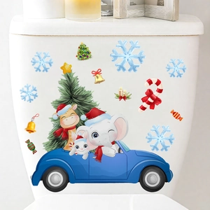 Detailed Christmas toilet tank stickers with Santa, snowflakes and festive cartoon animals