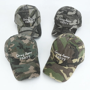 Detail view of four camo baseball caps with Going Away PARTY embroidery and distressed brims