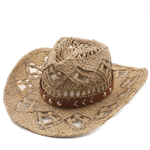 Chapeau De Cowboy En Paille À Bord Large Tissé Creux Respirant Protection Solaire D Été Avec Ceinture En Similicuir À Rivets Unisexe