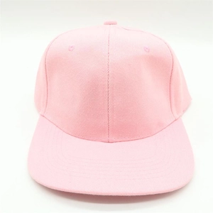 Detailed front view of pink flat brim hip-hop cap featuring six-panel twill cotton