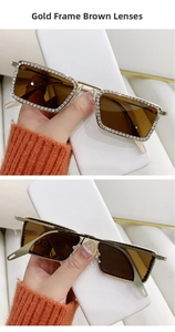 Detalle de gafas de sol doradas sin montura con lentes marrones y pedrería