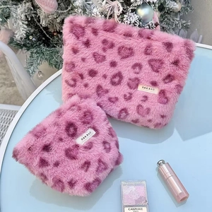 Pink faux fur leopard heart print makeup bag set with zip closure and plush texture
