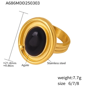 Macro shot of 18K gold plated stainless steel ring featuring an oval black agate stone