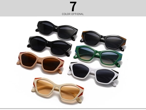Flat lay of geometric cat-eye sunglasses showcasing seven trendy color options for women