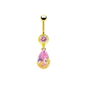 Dettaglio piercing ombelico con cristallo rosa a goccia e decorazione floreale