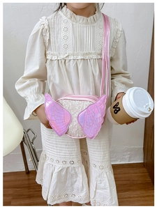 Detail of pink sequin kids crossbody bag with holographic angel wings and shiny strap