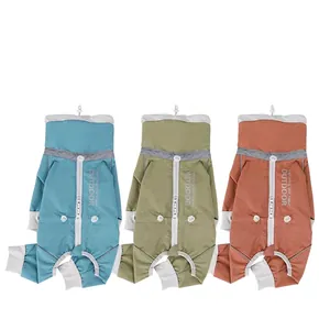 Waterproof pet raincoat with reflective strips in sky blue, olive green and caramel