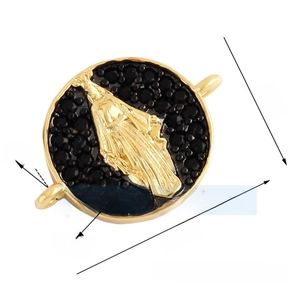 Gold plated Mary religious charm with black zircon stones and technical dimensions