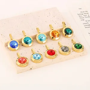 Round Crystal Pendant Necklace Stainless Steel Faceted Colorful Stone Fashion Jewelry For Women Elegant Accessory
