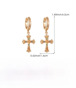 Detailed view of copper cross earrings with colorful gemstones and exact dimensions