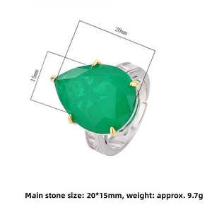 Detailed view of pear-cut emerald zircon ring with 20x15mm dimensions and silver band