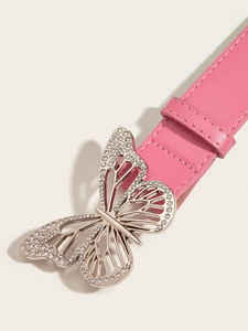 Close-up of pink leather belt featuring a butterfly alloy buckle with sparkling rhinestones