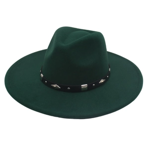 Detail of dark green fedora hat with silver diamond metal studs and black band