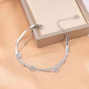 Double-layer silver tree of life bracelet with flat snake chain and beaded strand