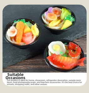 Detailed realistic miniature Japanese ramen noodle bowls with shrimp and egg toppings