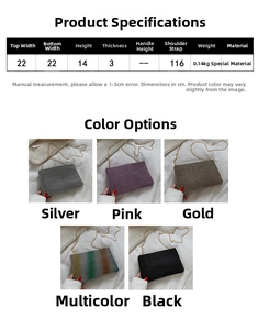 Detailed size parameters and color options for the rhinestone envelope evening clutch bag