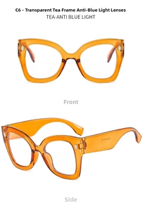 Detailed views showing the cat-eye shape and transparent tea frame of blue light glasses