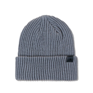 Detailed view of gray ribbed knit beanie texture with a black Favorite leather patch