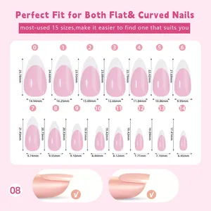 Size chart showing 15 different dimensions for French almond press-on nails