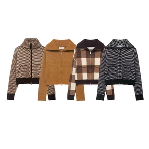 Women's autumn thick tweed knit zip-up sweaters in plaid and solid colors with high collars
