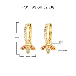 Detail view of gold brass earrings with colorful zircons, size 20mm height and 10mm width