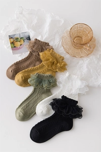 Detailed flat lay of cotton lace trim socks in brown, yellow, green, white and black colors