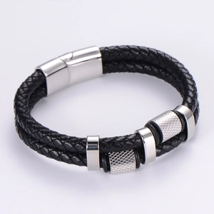 Men's double-layer black braided leather bracelet with silver magnetic stainless steel clasp