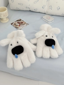 Gants en peluche blanche chien Westie avec fourrure synthétique douce et oreilles 3D
