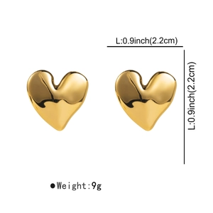 Detailed view of gold heart earrings with size 2.2cm and 9g weight measurement