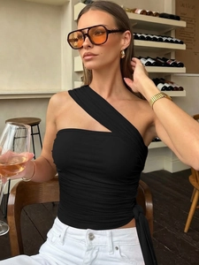 Slim fit black one-shoulder top with side ruching detail for women, trendy party style
