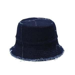 Dark blue denim bucket hat with white contrast stitching and frayed edges