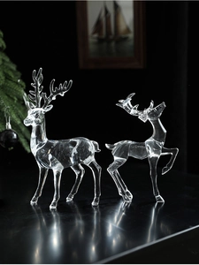 Detail of transparent acrylic Christmas reindeer ornaments with crystal ice effect