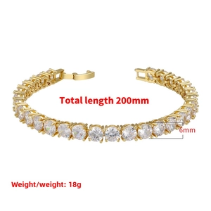 Detail view of 6mm zircon tennis bracelet in 18k gold plating with size measurements