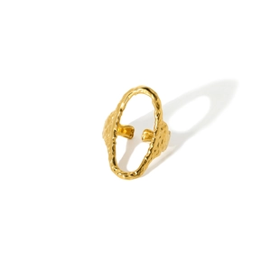 Detailed shot of an 18K gold-plated irregular hammered texture oval open ring