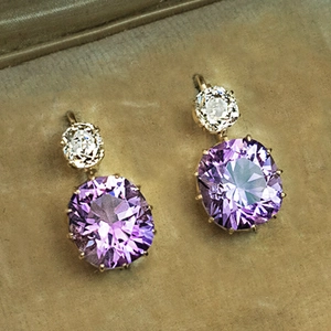 Vintage Kupfer Ohrhänger Mit Violettem Zirkonia Im Kissenschliff Und Weißen Rundsteinen Geometrischer Schmuck Damen