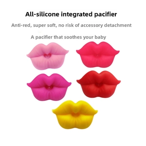 Detail of five colorful silicone pacifiers featuring a unique soft red lip design