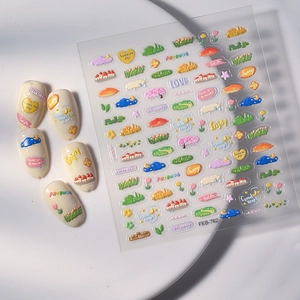 Adesivi per unghie 3D a rilievo con tulipani colorati, cuori e stelle su base bianca