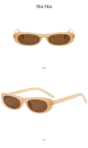 Front and side view of retro oval sunglasses with translucent amber frames and brown lenses