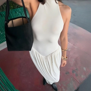 Elegant white halter neck pleated dress with sexy side slit for women in summer fashion