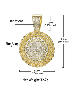 Detailed size chart for iced out round pendant with rhinestone and alloy measurements