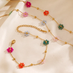 Stainless Steel Necklace And Bracelet With Colorful Beaded Flowers 18K Gold Plated Floral Women Fashion Jewelry
